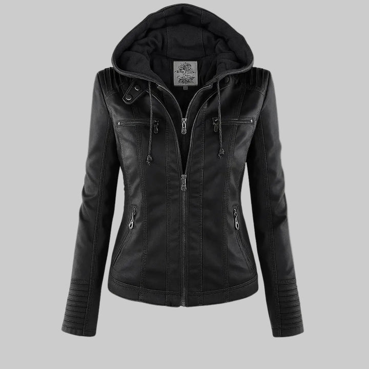 Women's Fitted Leather-Look Jacket with Front Zip and Zipped Pockets