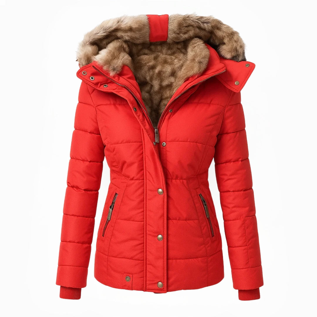 Women's Hooded Quilted Winter Coat - Red