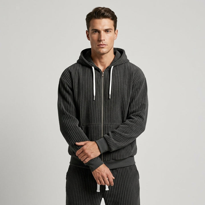 Women's Corduroy Hooded Zip Jacket and Jogger Set - Charcoal