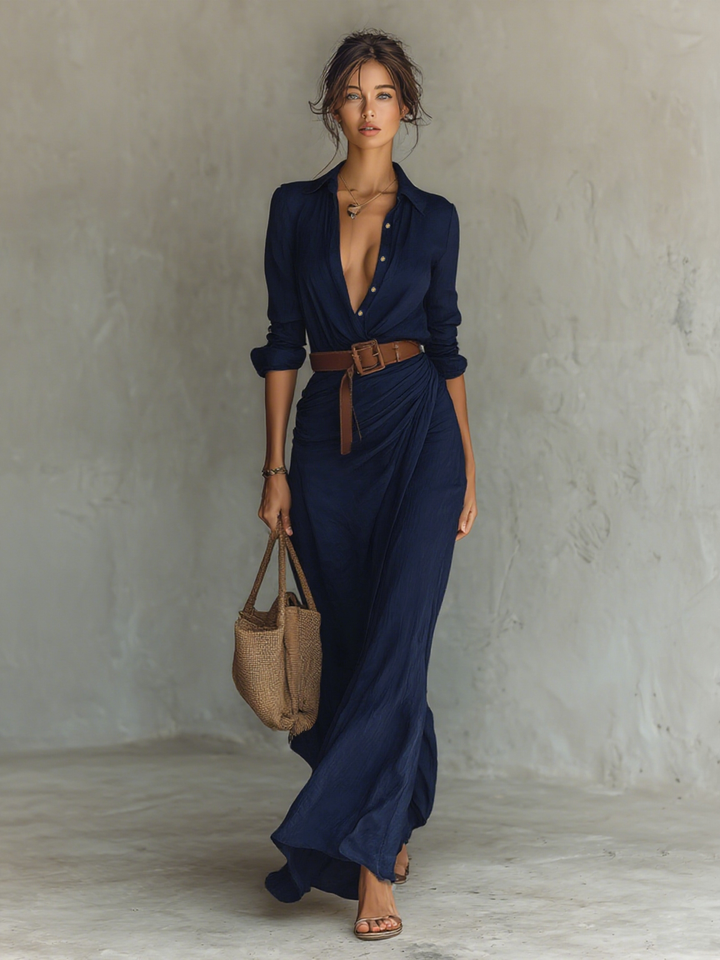 Women’s Belted Long Sleeve Lapel Maxi Dress