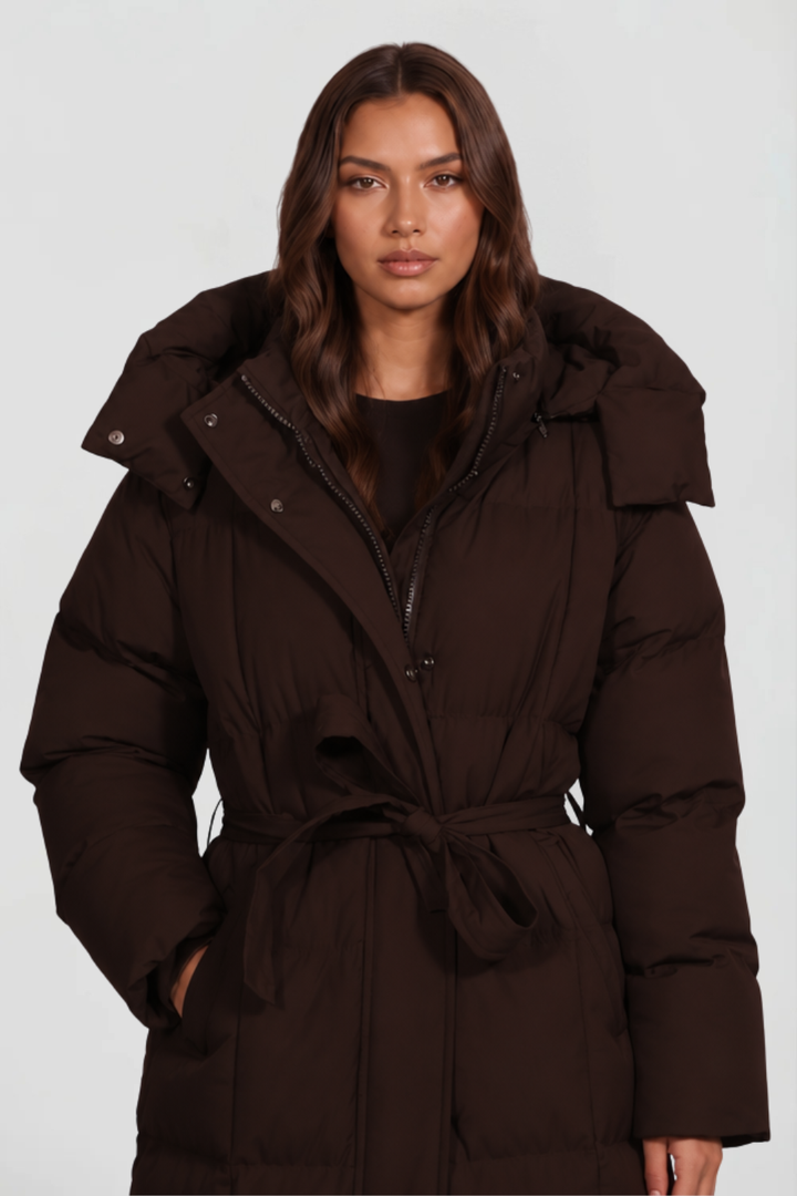 Women's Long Belted Hooded Puffer Coat