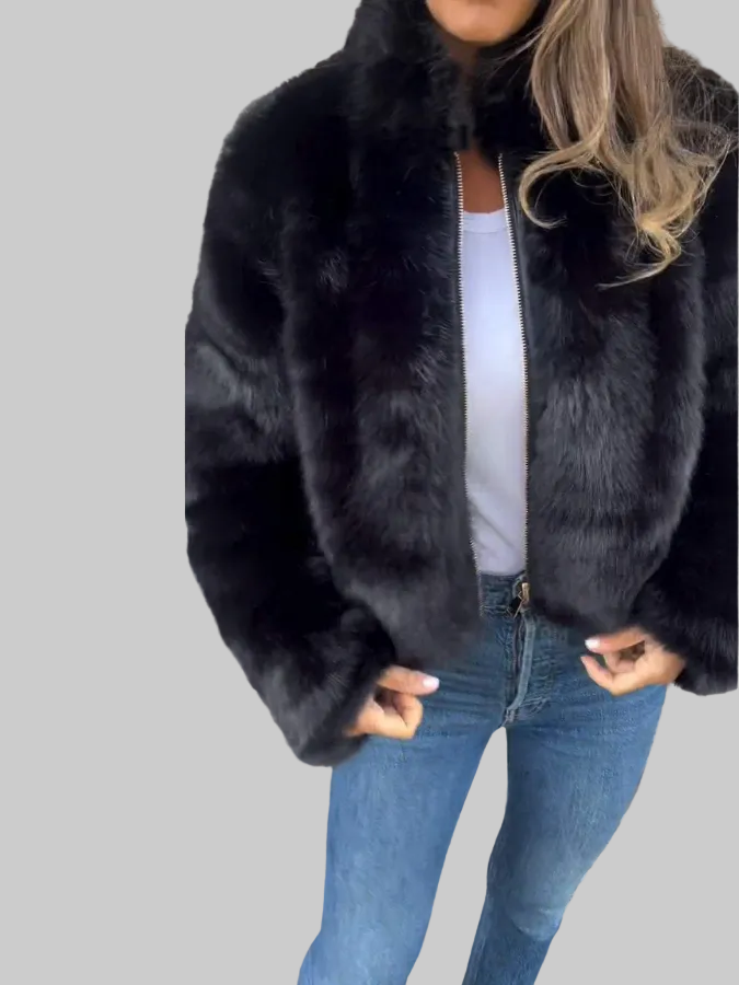 Cropped Plush Zip-Up Jacket with Stand Collar