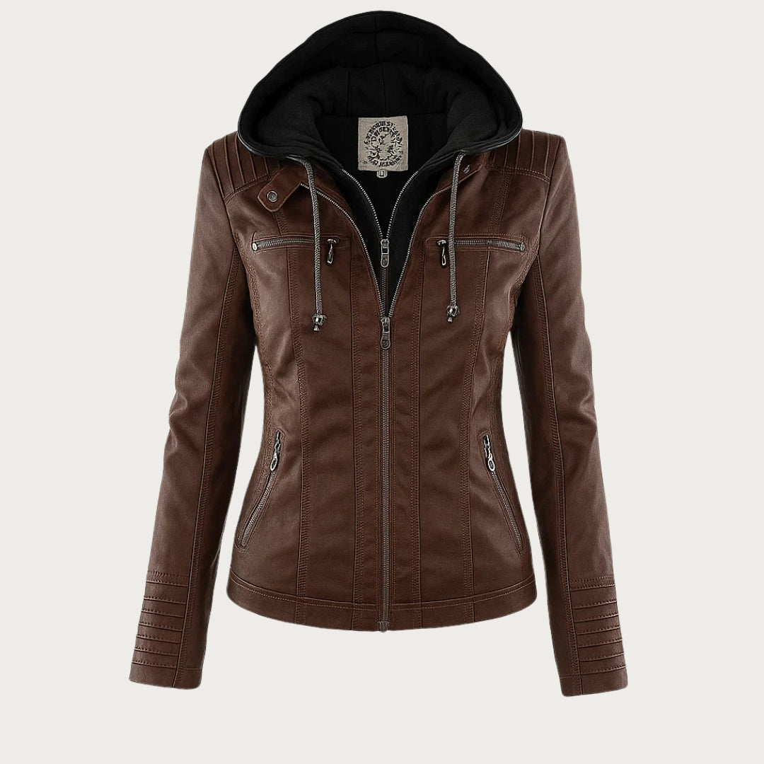 Hooded Biker Jacket with Zipped Pockets and Shaped Waist