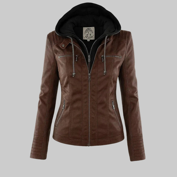 Women's Fitted Leather-Look Jacket with Front Zip and Zipped Pockets