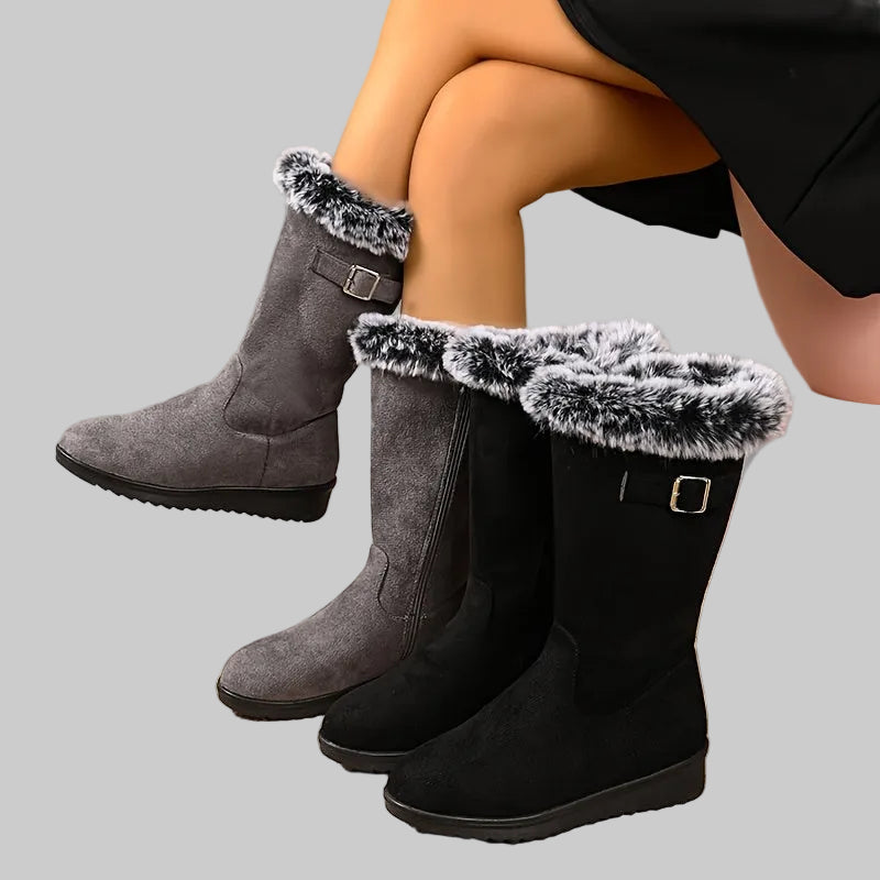 Fur-Lined Mid-Calf Winter Boots with Buckle Detail