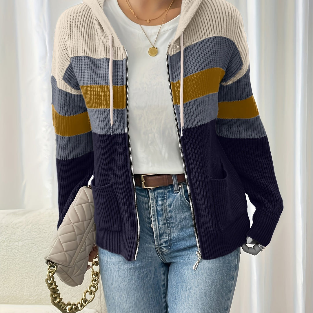 Women's Colour-Block Hooded Zip Cardigan - Apricot