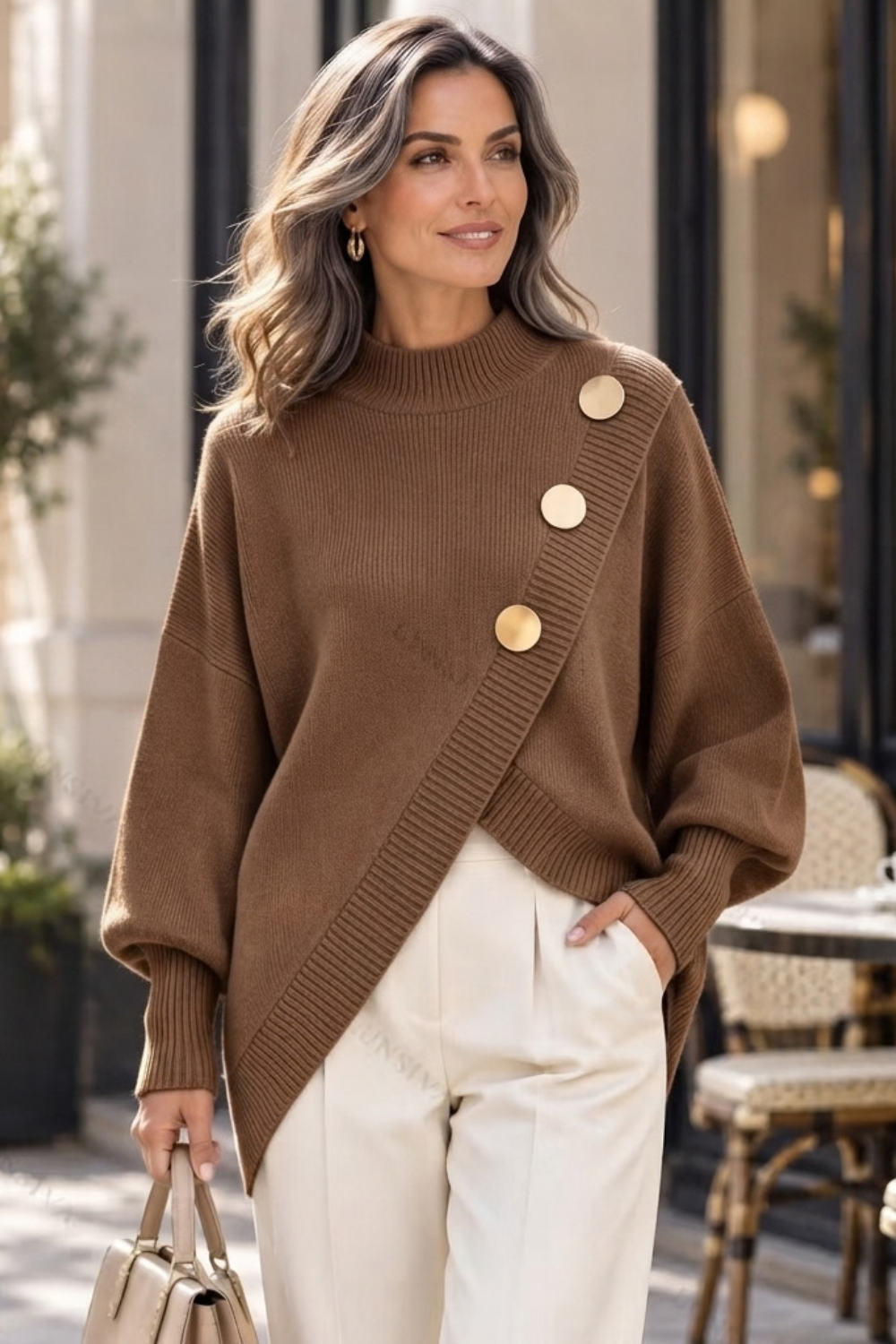 Women's Asymmetric Button Mock Neck Jumper - Brown