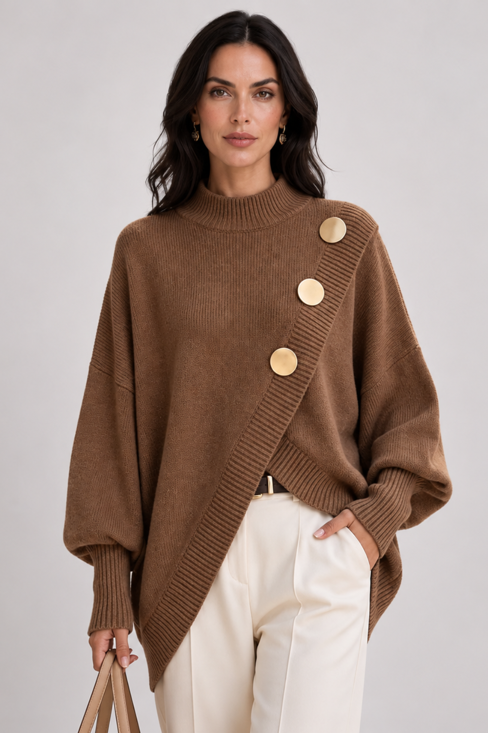 Women's Asymmetric Button Mock Neck Jumper