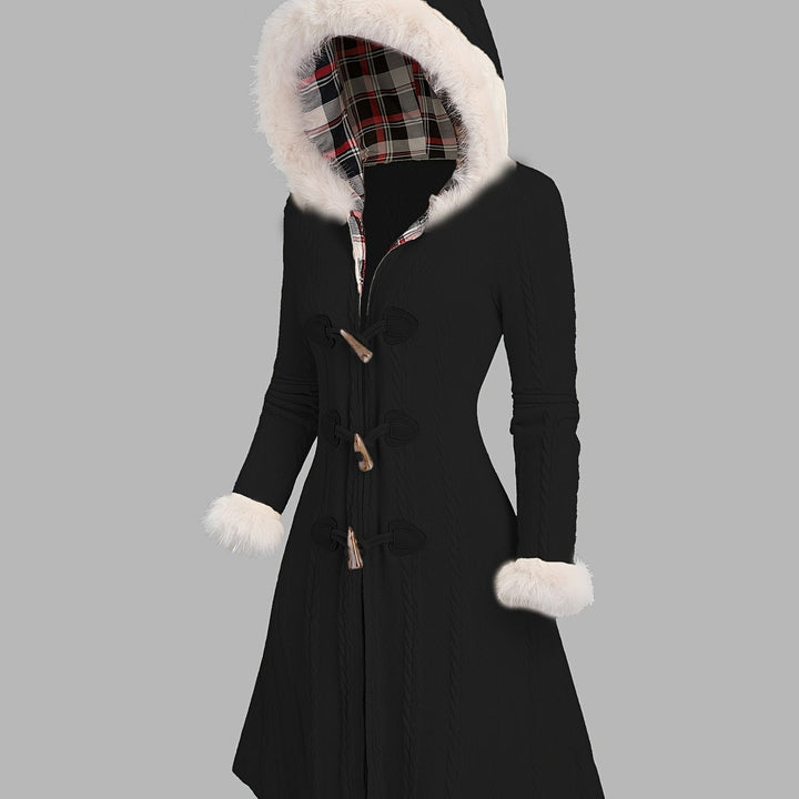 Women's Fur-Trimmed Hooded Longline Coat - Black