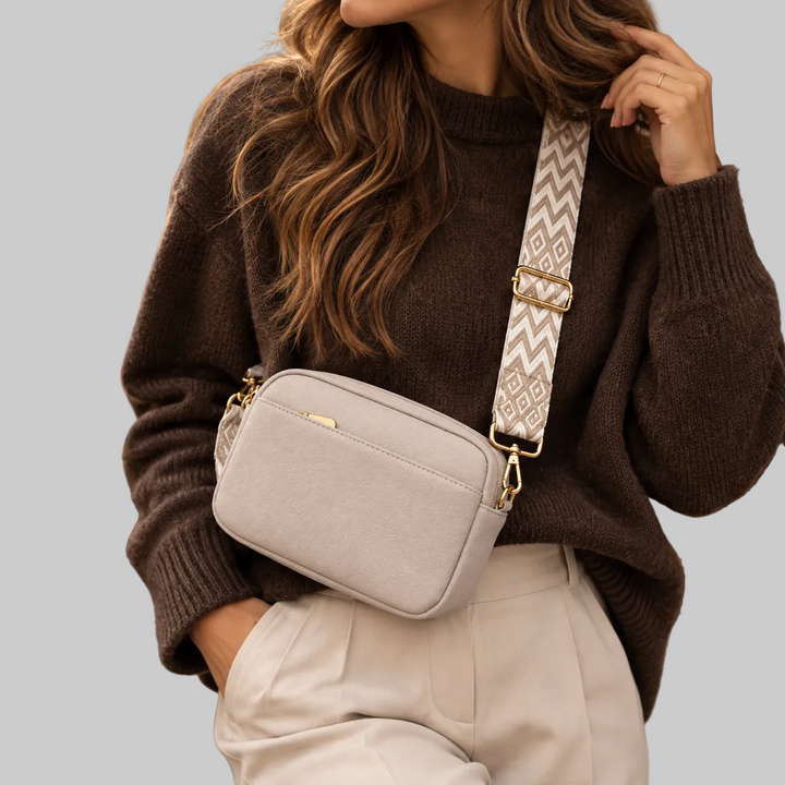 Vegan Leather Crossbody Bag with Wide Patterned Strap