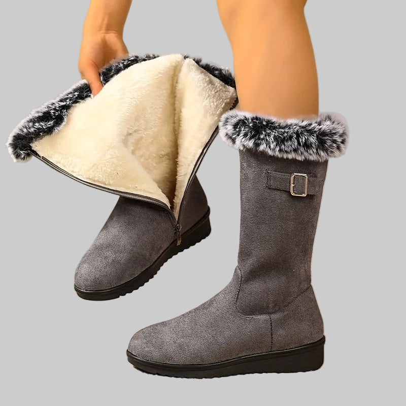 Fur-Lined Mid-Calf Winter Boots with Buckle Detail