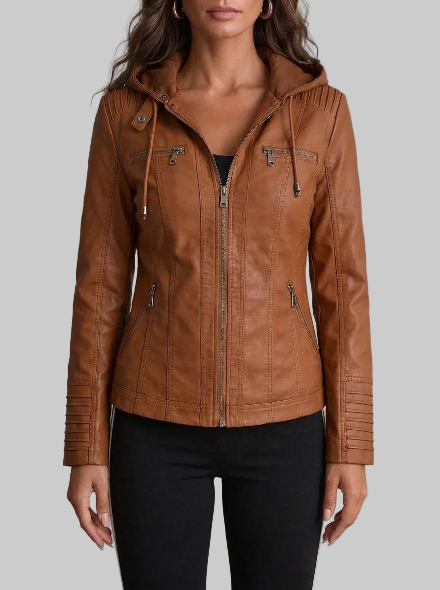 Women's Fitted Leather-Look Jacket with Hood and Zipped Pockets