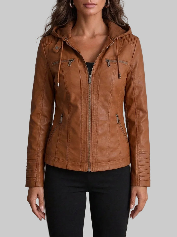 Women's Fitted Leather-Look Jacket with Hood and Zipped Pockets