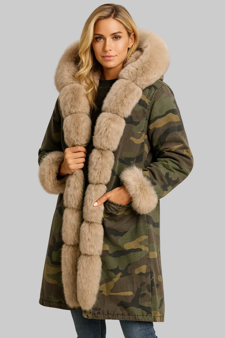 Women's Longline Camouflage Parka with Faux Fur-Trimmed Hood and Cuffs