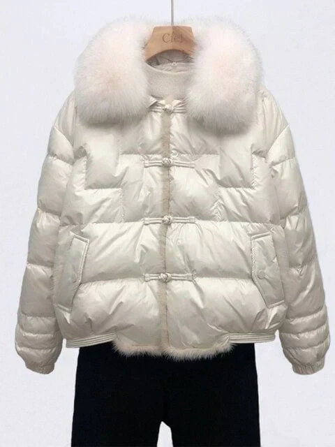 Women's Cropped Puffer Jacket with Faux Fur Collar - BEIGE