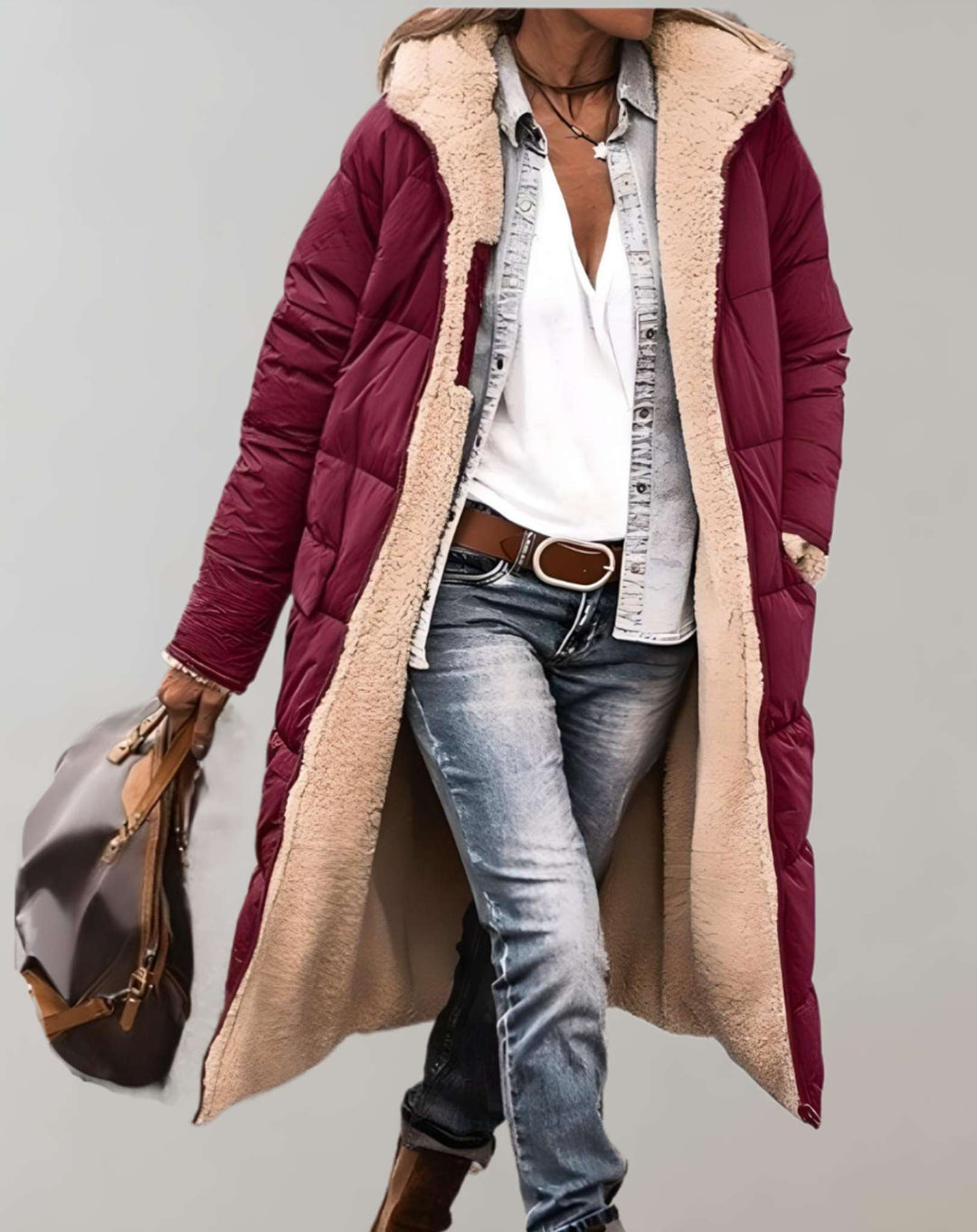 Women's Fleece-Lined Quilted Puffer Coat - Red