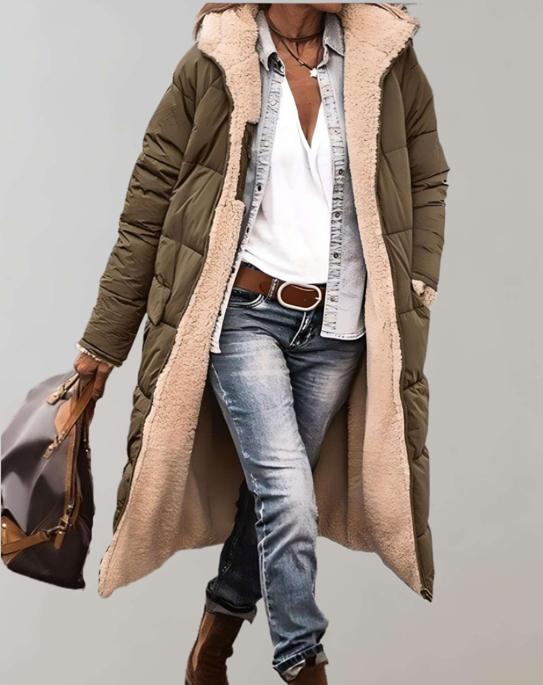 Women's Fleece-Lined Quilted Puffer Coat - Army Green