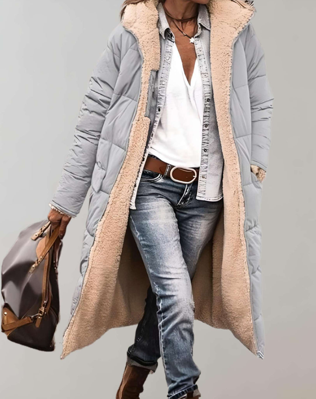 Women's Fleece-Lined Quilted Puffer Coat - Gray