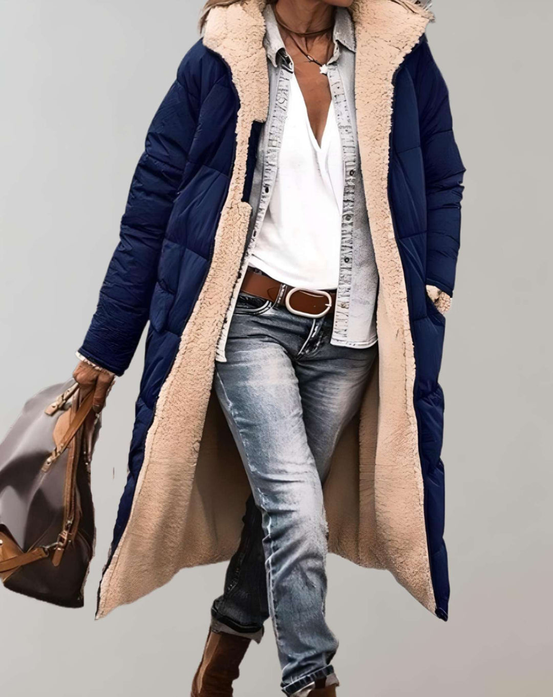 Women's Fleece-Lined Quilted Puffer Coat - Navy Blue