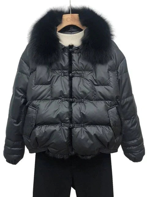 Women's Cropped Puffer Jacket with Faux Fur Collar - BLACK