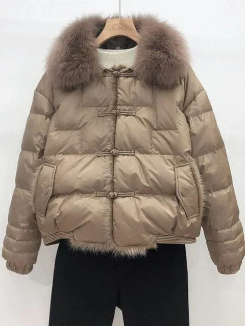 Women's Cropped Puffer Jacket with Faux Fur Collar - BROWN