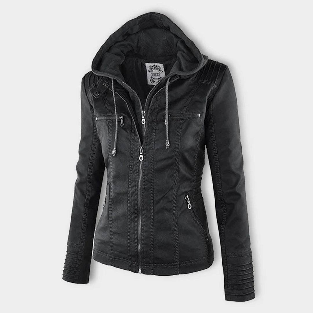 Hooded Biker Jacket with Zipped Pockets and Shaped Waist