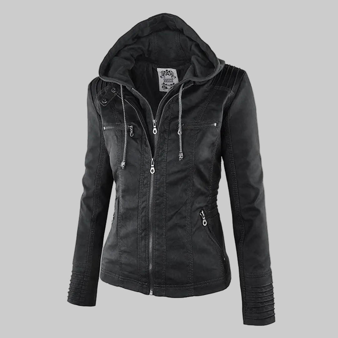 Women's Fitted Leather-Look Jacket with Front Zip and Zipped Pockets
