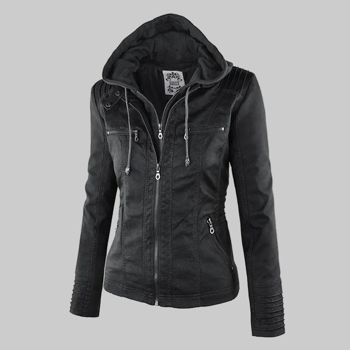 Women's Fitted Leather-Look Jacket with Front Zip and Zipped Pockets