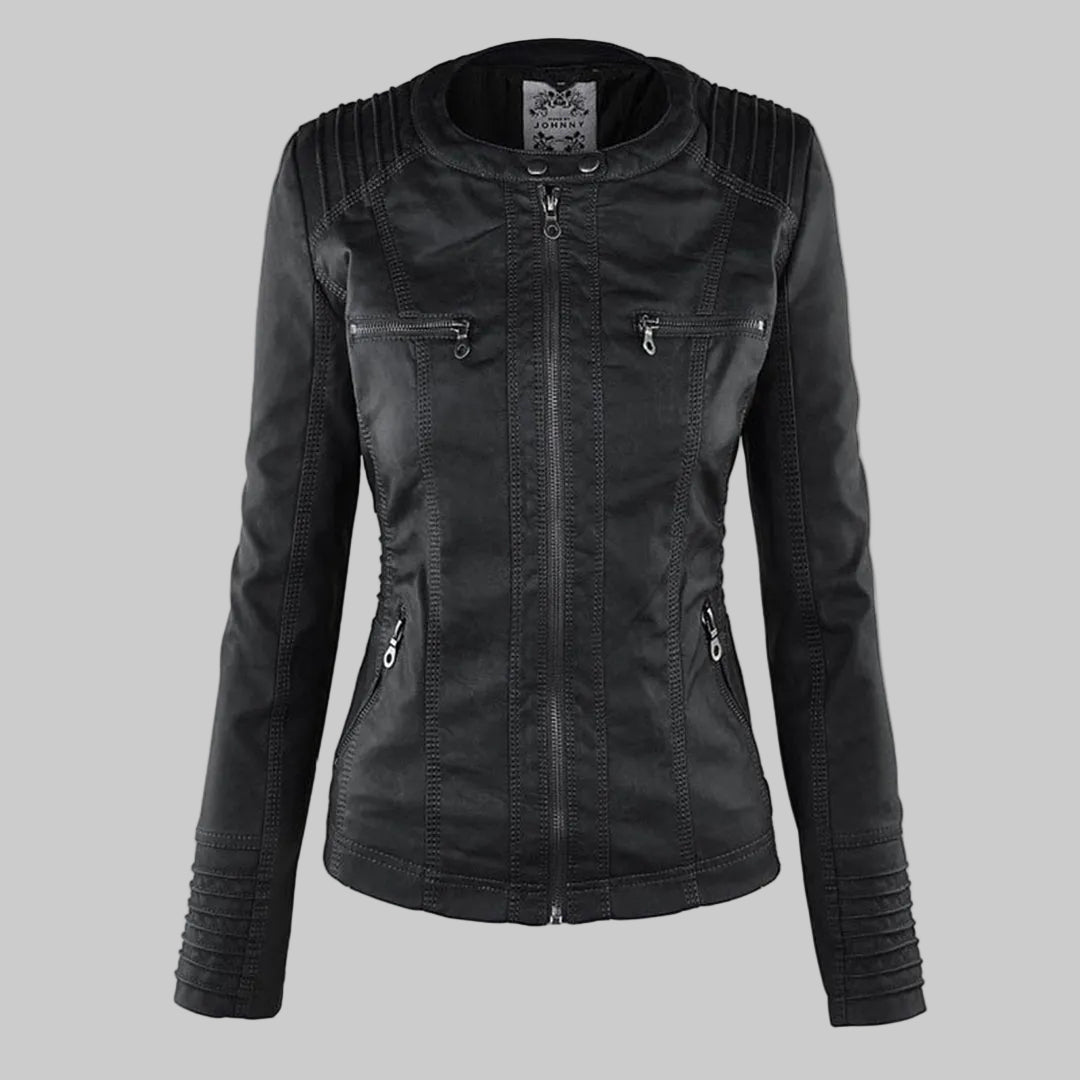 Women's Fitted Leather-Look Jacket with Front Zip and Zipped Pockets