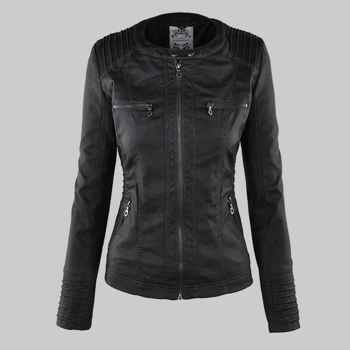Women's Fitted Leather-Look Jacket with Front Zip and Zipped Pockets