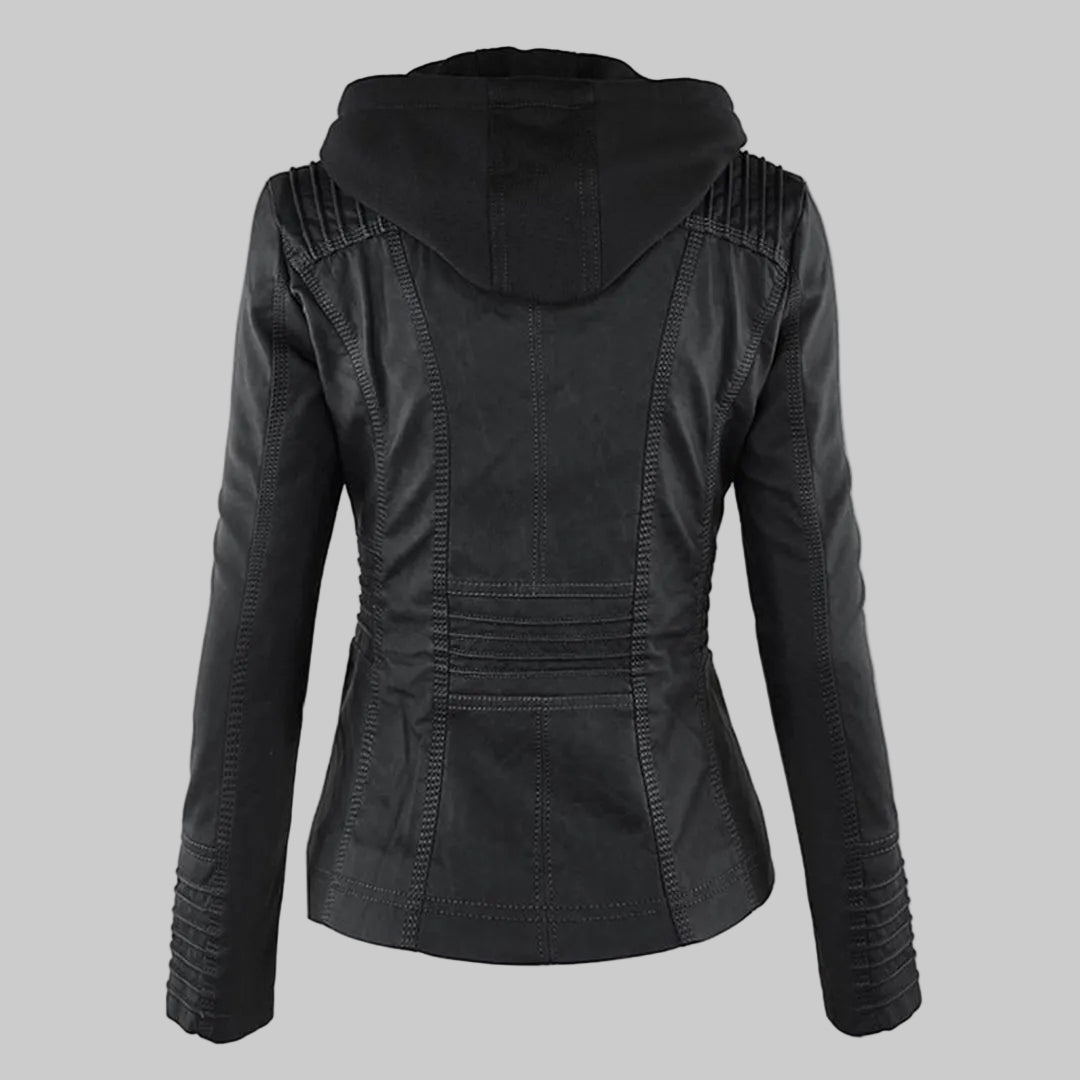 Women's Fitted Leather-Look Jacket with Front Zip and Zipped Pockets