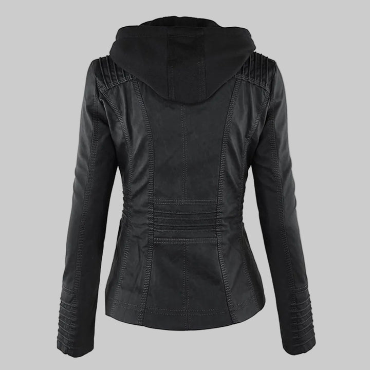 Women's Fitted Leather-Look Jacket with Front Zip and Zipped Pockets