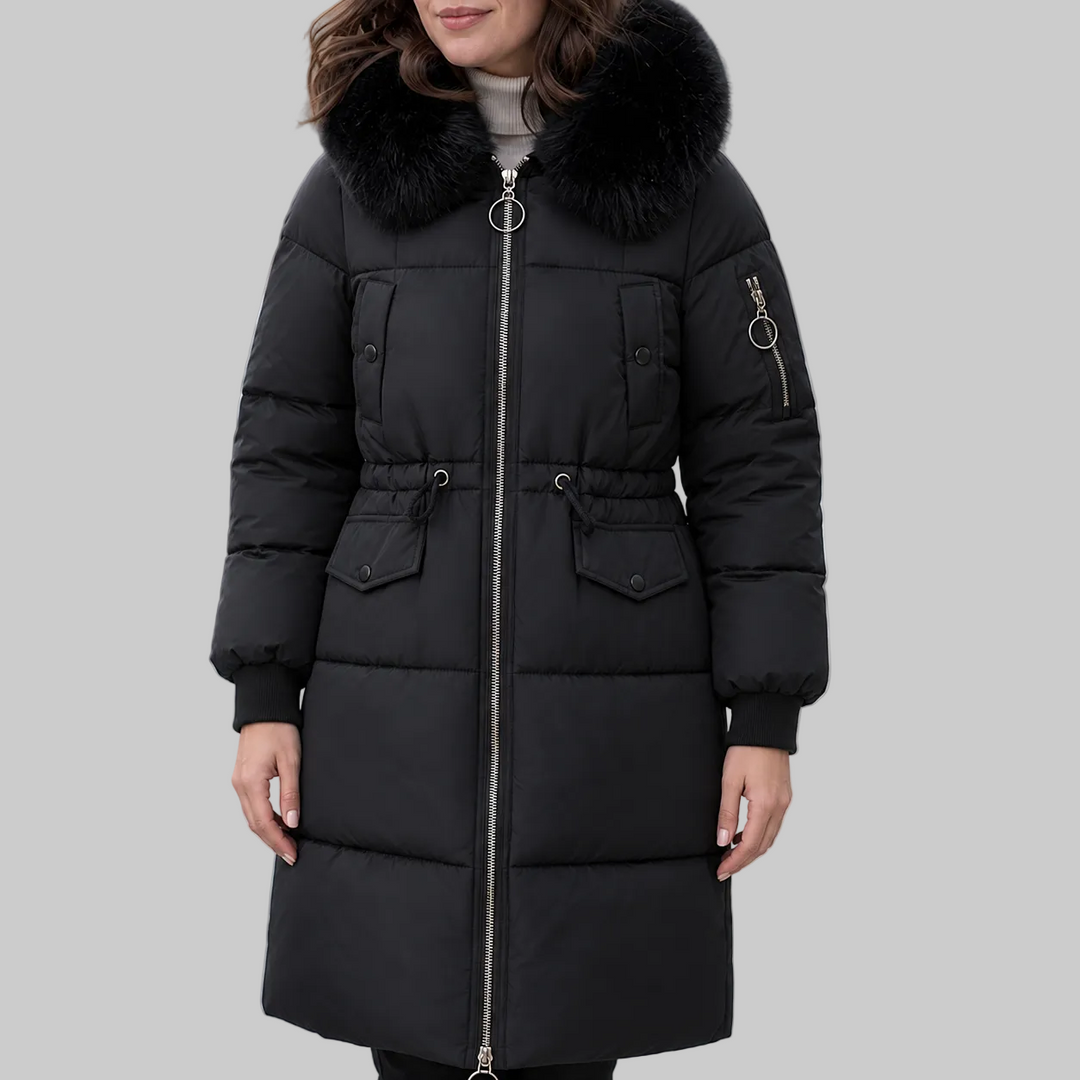 Women's Mid-Length Padded Winter Coat with Faux Fur-Style Hood Trim and Drawstring Waist