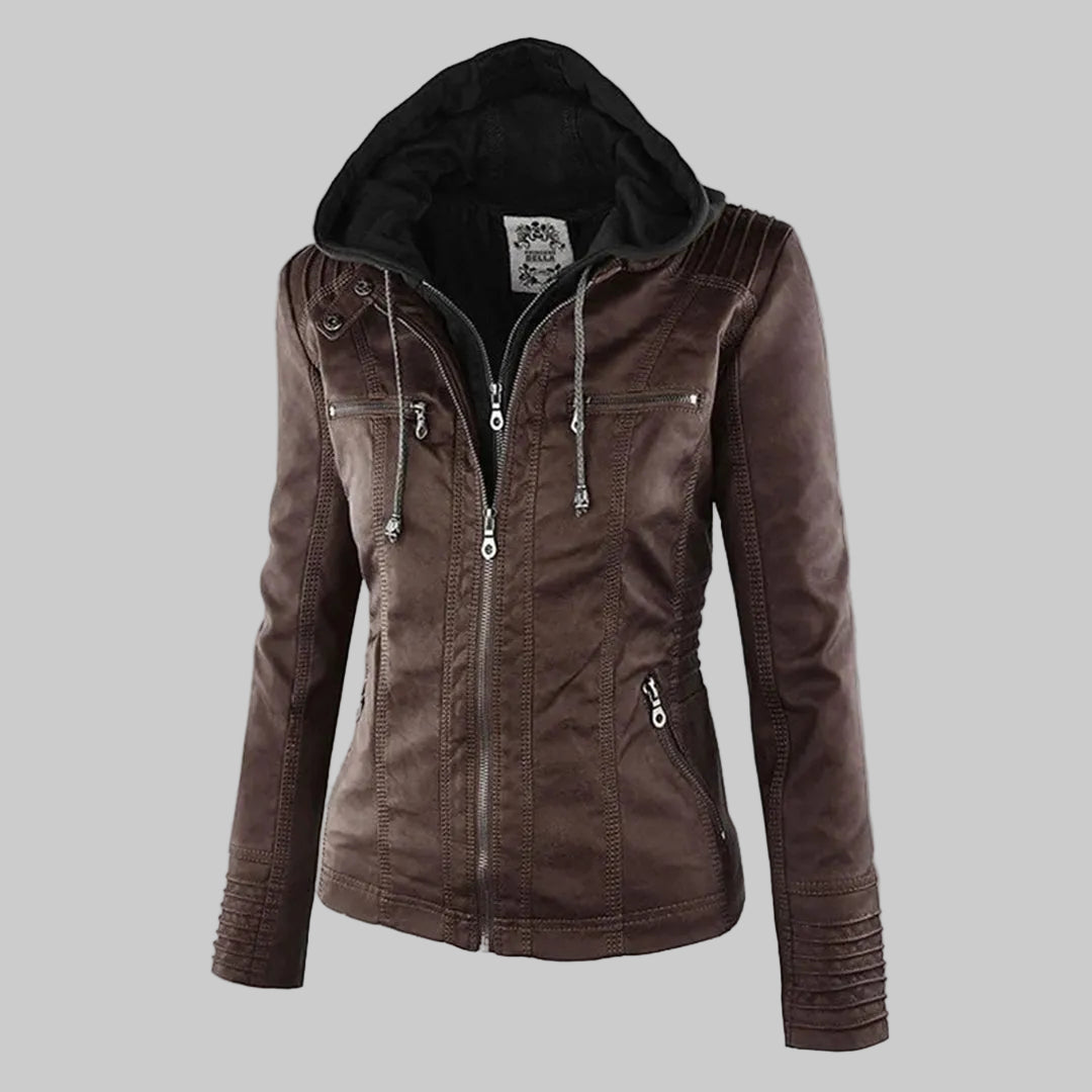 Women's Fitted Leather-Look Jacket with Front Zip and Zipped Pockets