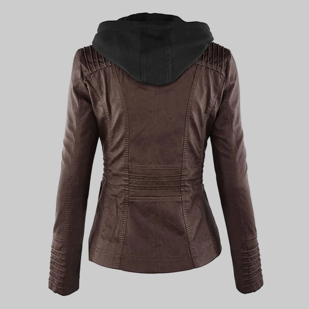 Women's Fitted Leather-Look Jacket with Front Zip and Zipped Pockets