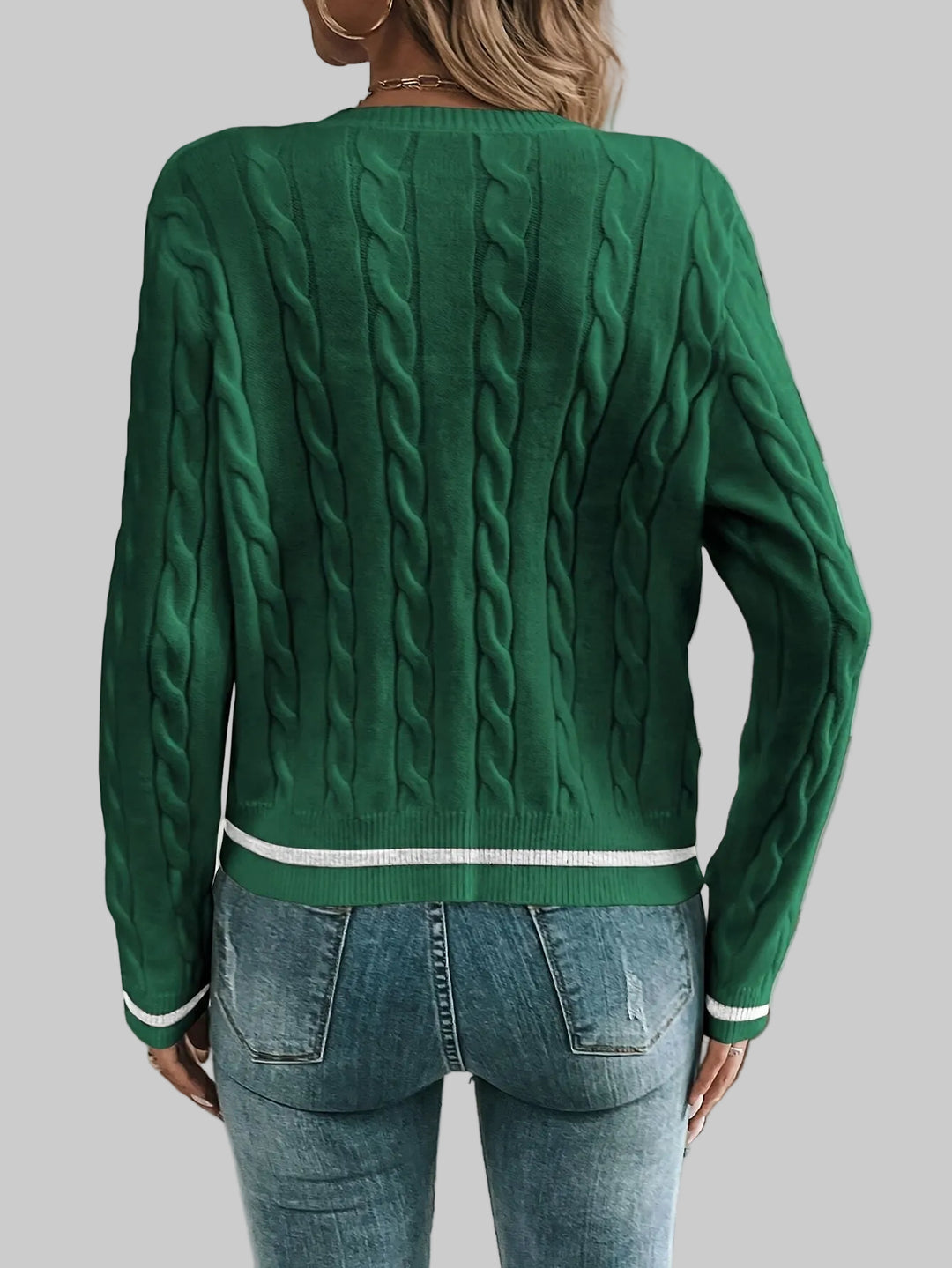 Cropped Cable Knit Cardigan with Gold-Tone Buttons and Contrast Trim