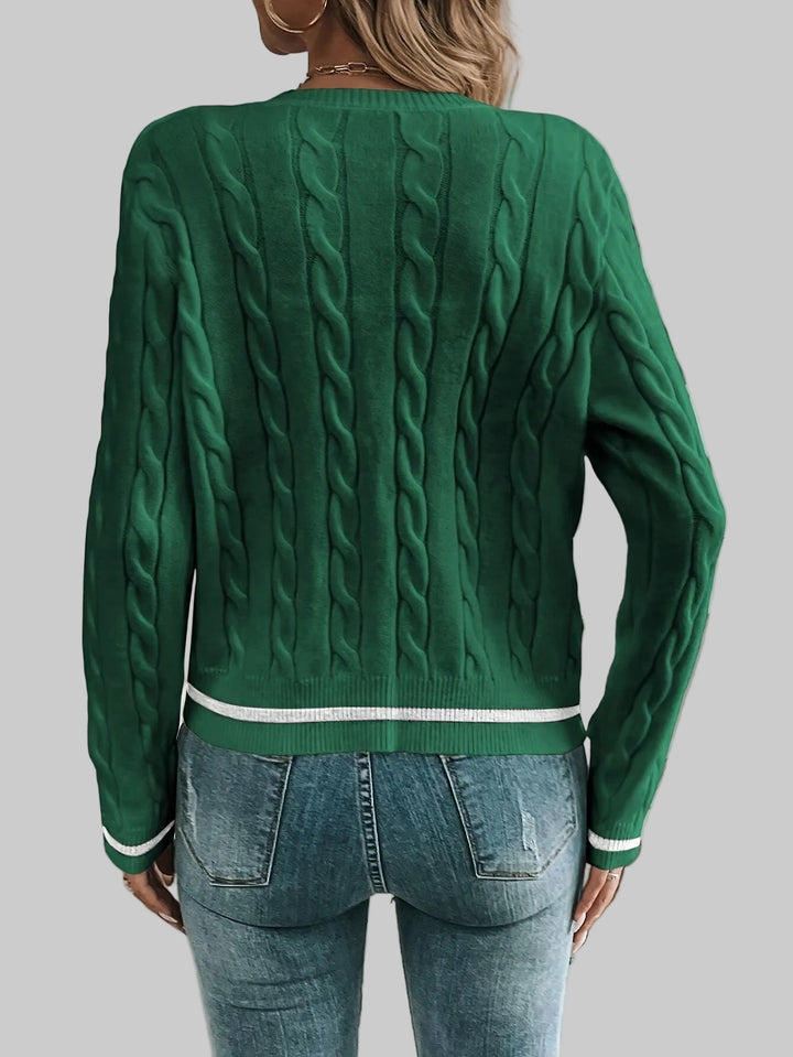 Cropped Cable Knit Cardigan with Gold-Tone Buttons and Contrast Trim