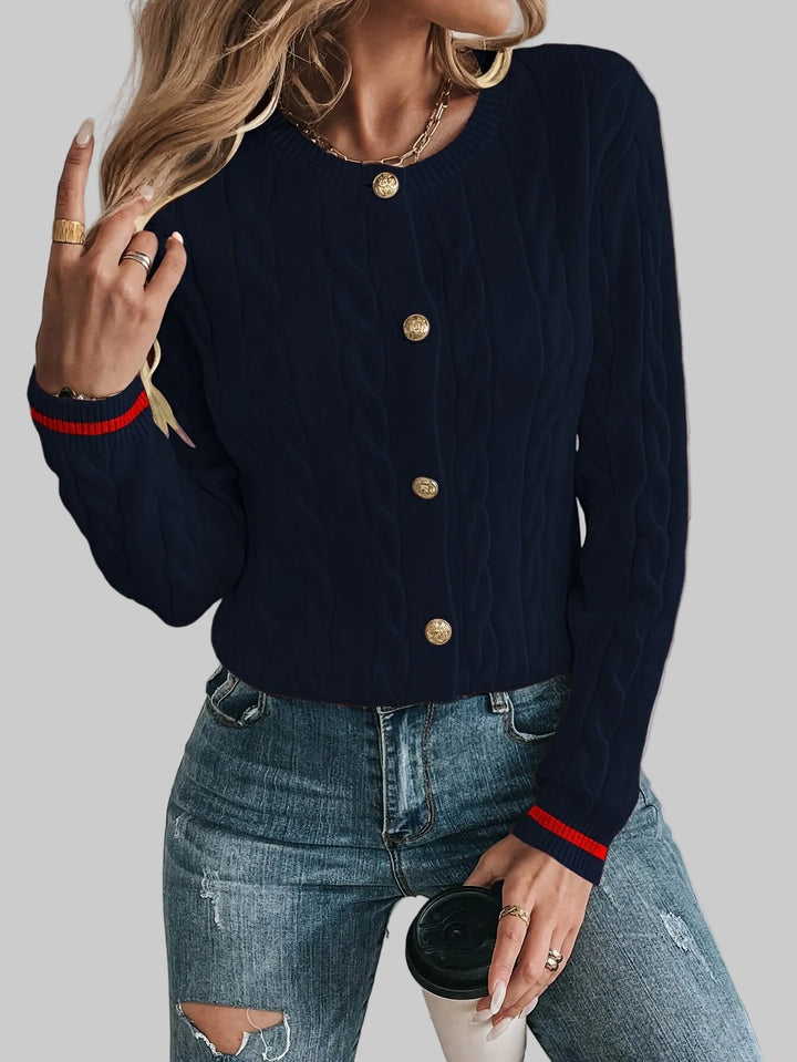 Cropped Cable Knit Cardigan with Gold-Tone Buttons and Contrast Trim