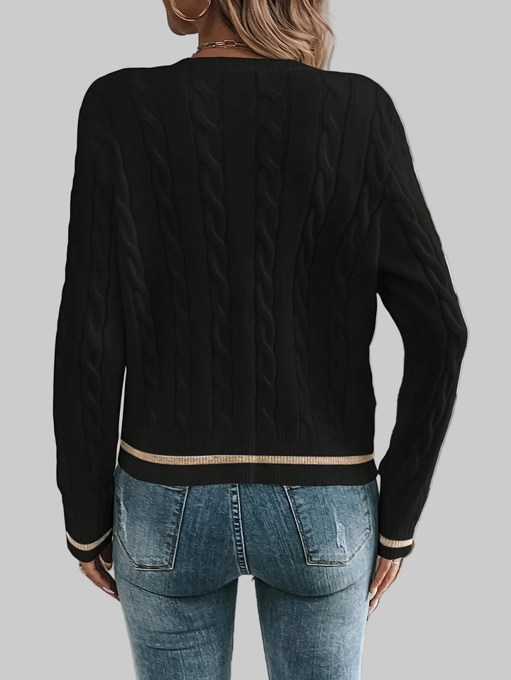 Cropped Cable Knit Cardigan with Gold-Tone Buttons and Contrast Trim