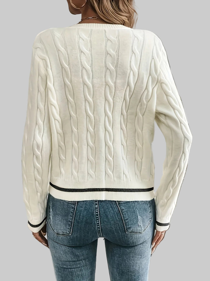 Cropped Cable Knit Cardigan with Gold-Tone Buttons and Contrast Trim