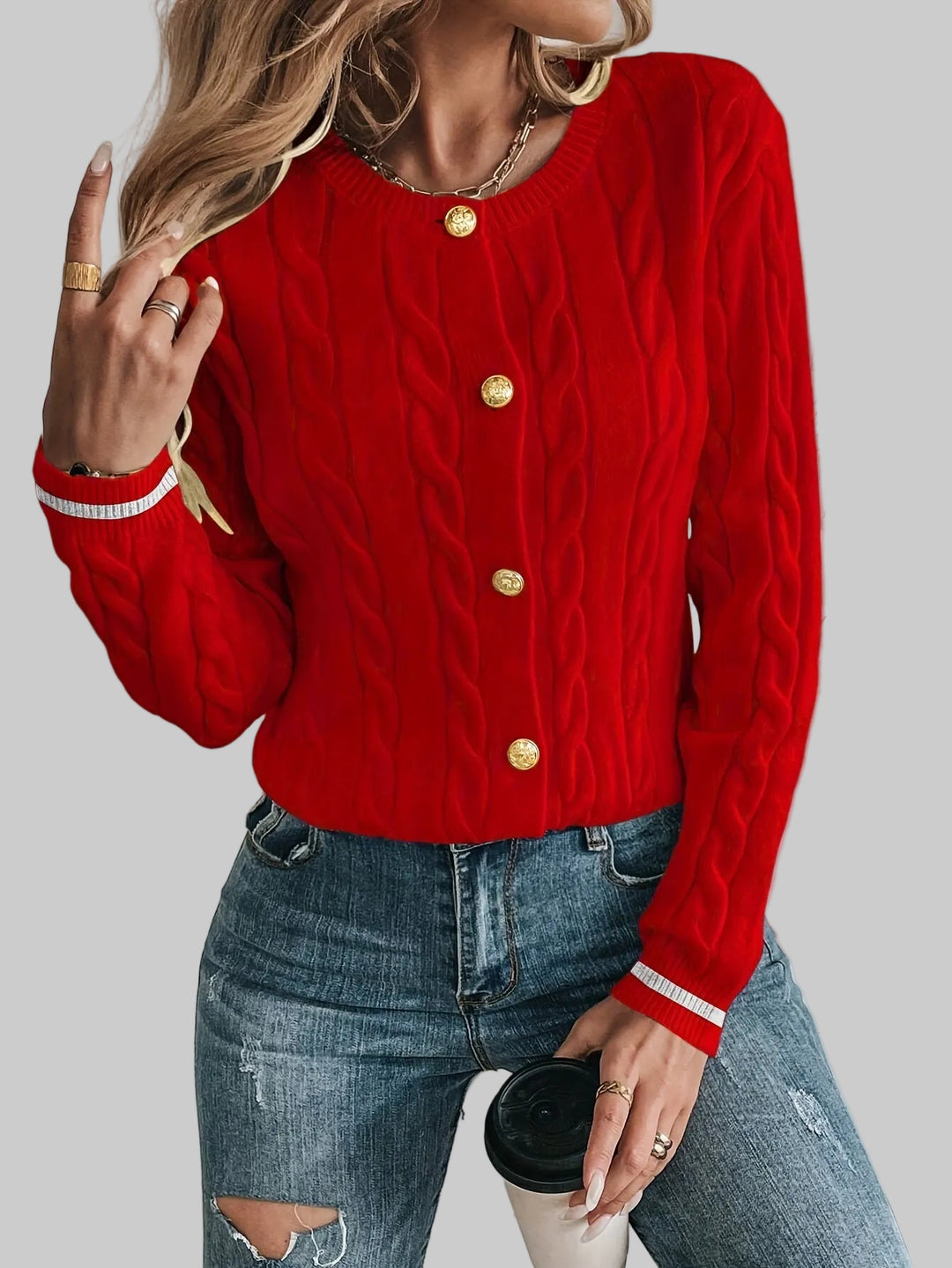 Cropped Cable Knit Cardigan with Gold-Tone Buttons and Contrast Trim