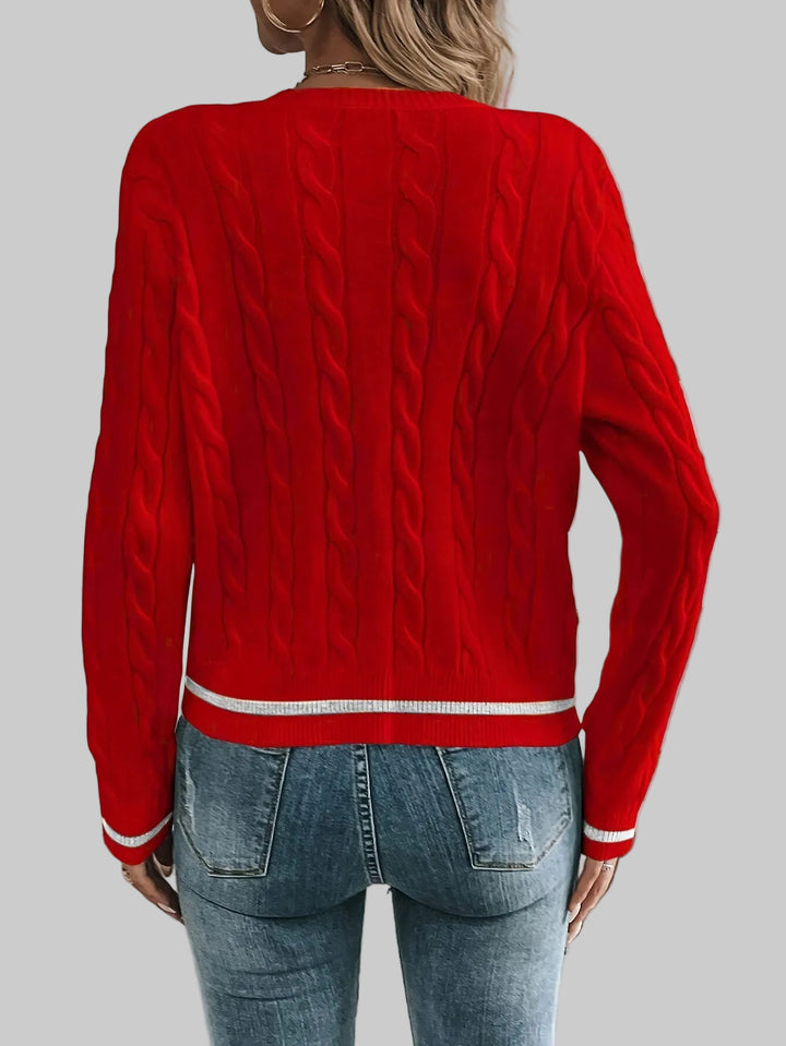 Cropped Cable Knit Cardigan with Gold-Tone Buttons and Contrast Trim