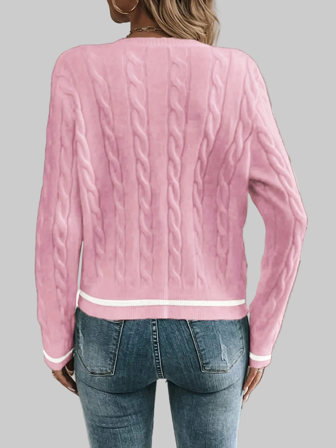 Cropped Cable Knit Cardigan with Gold-Tone Buttons and Contrast Trim