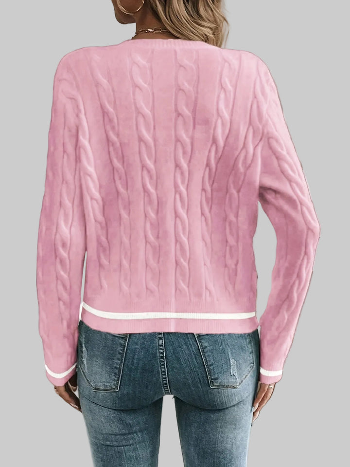 Cropped Cable Knit Cardigan with Gold-Tone Buttons and Contrast Trim