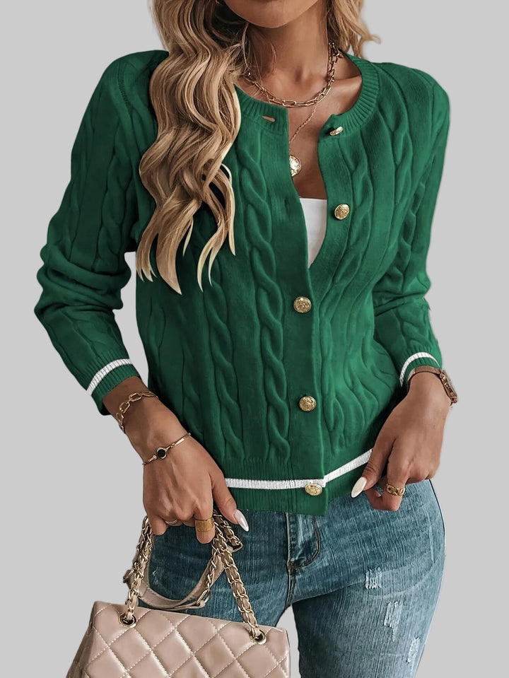 Cropped Cable Knit Cardigan with Gold-Tone Buttons and Contrast Trim