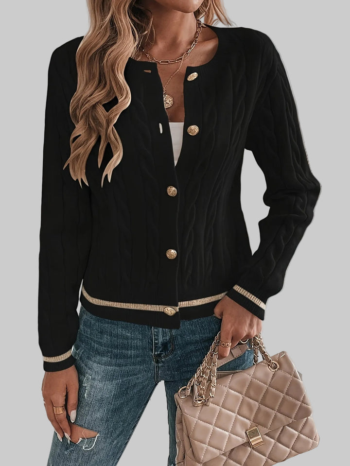 Cropped Cable Knit Cardigan with Gold-Tone Buttons and Contrast Trim