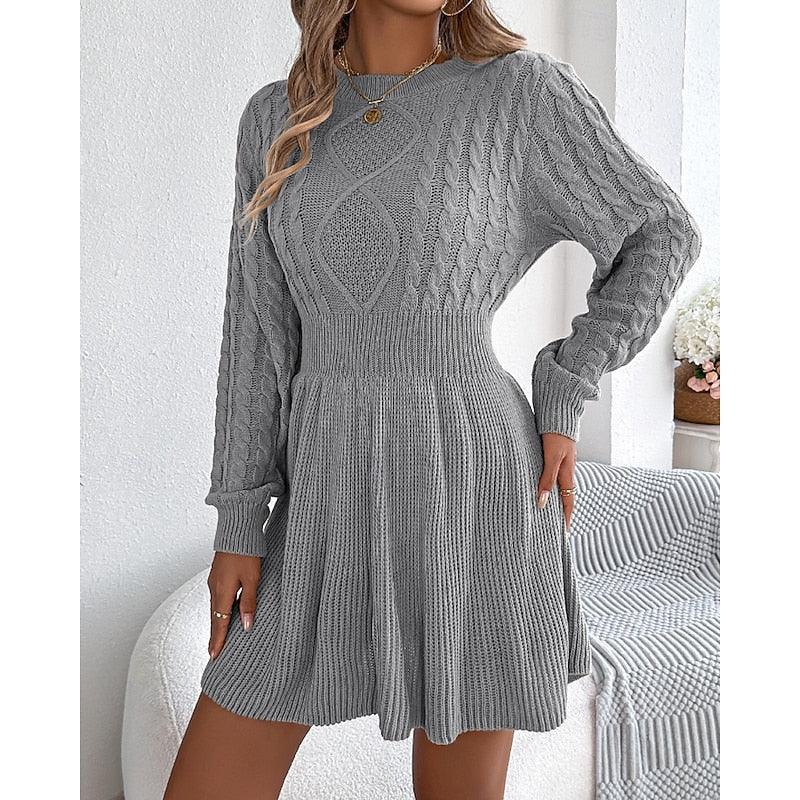 Women's Cable Knit Fitted Waist Sweater Dress