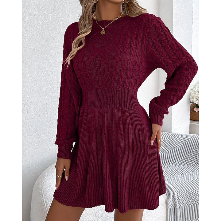 Women's Cable Knit Fitted Waist Sweater Dress - Red