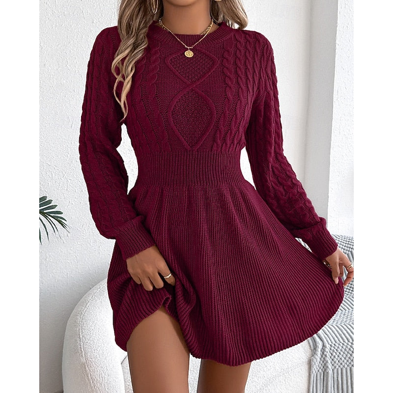 Women's Cable Knit Fitted Waist Sweater Dress
