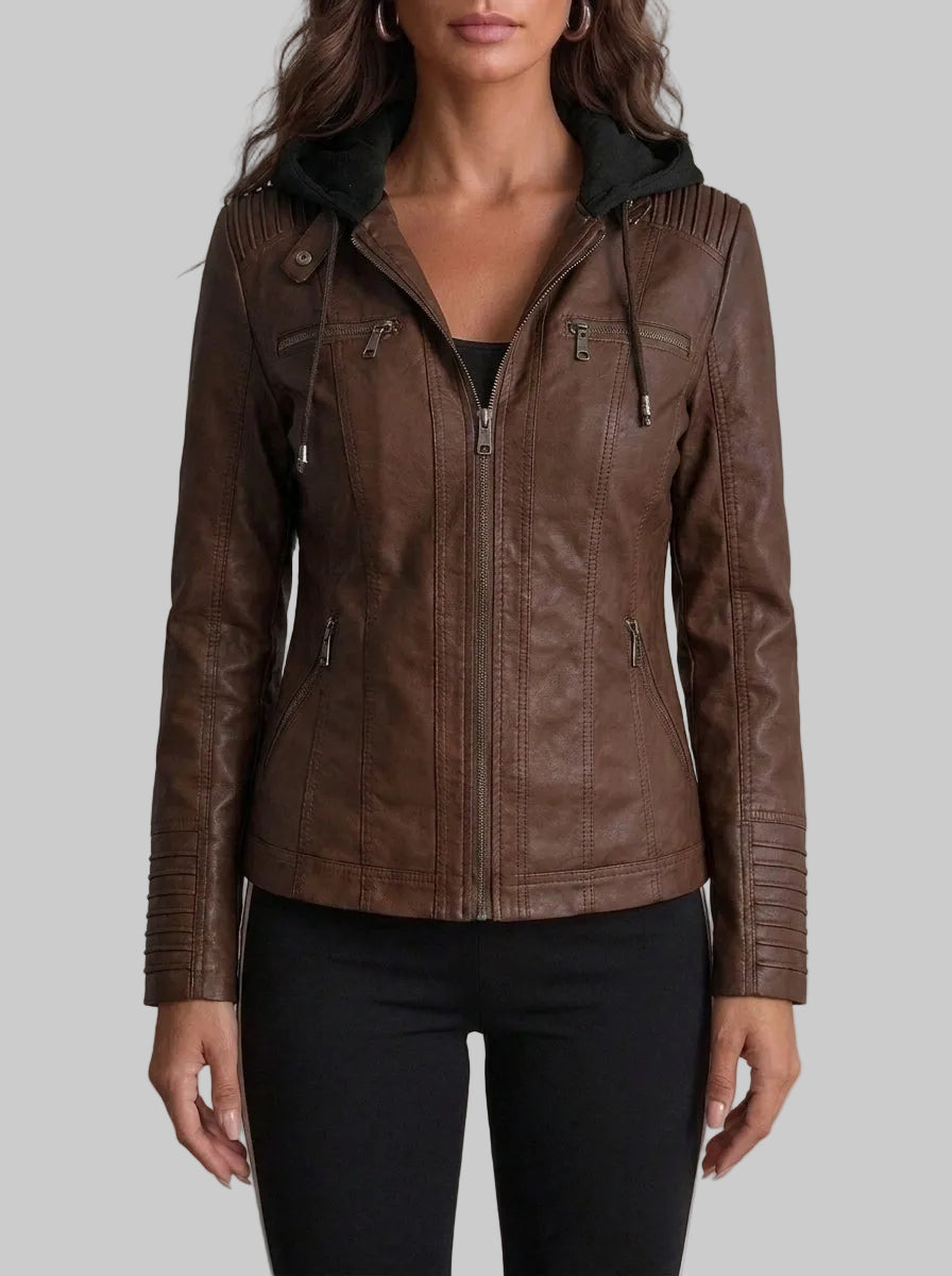 Women's Fitted Leather-Look Jacket with Hood and Zipped Pockets
